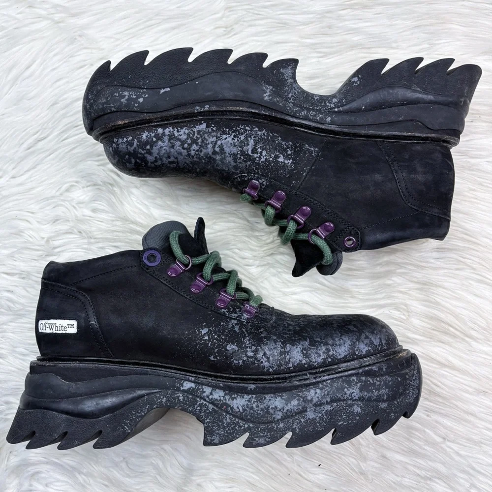 Off-White Ridged Chunky Lug Sole Paint Splatter Sneakers 44 Mens 11 Black Grey